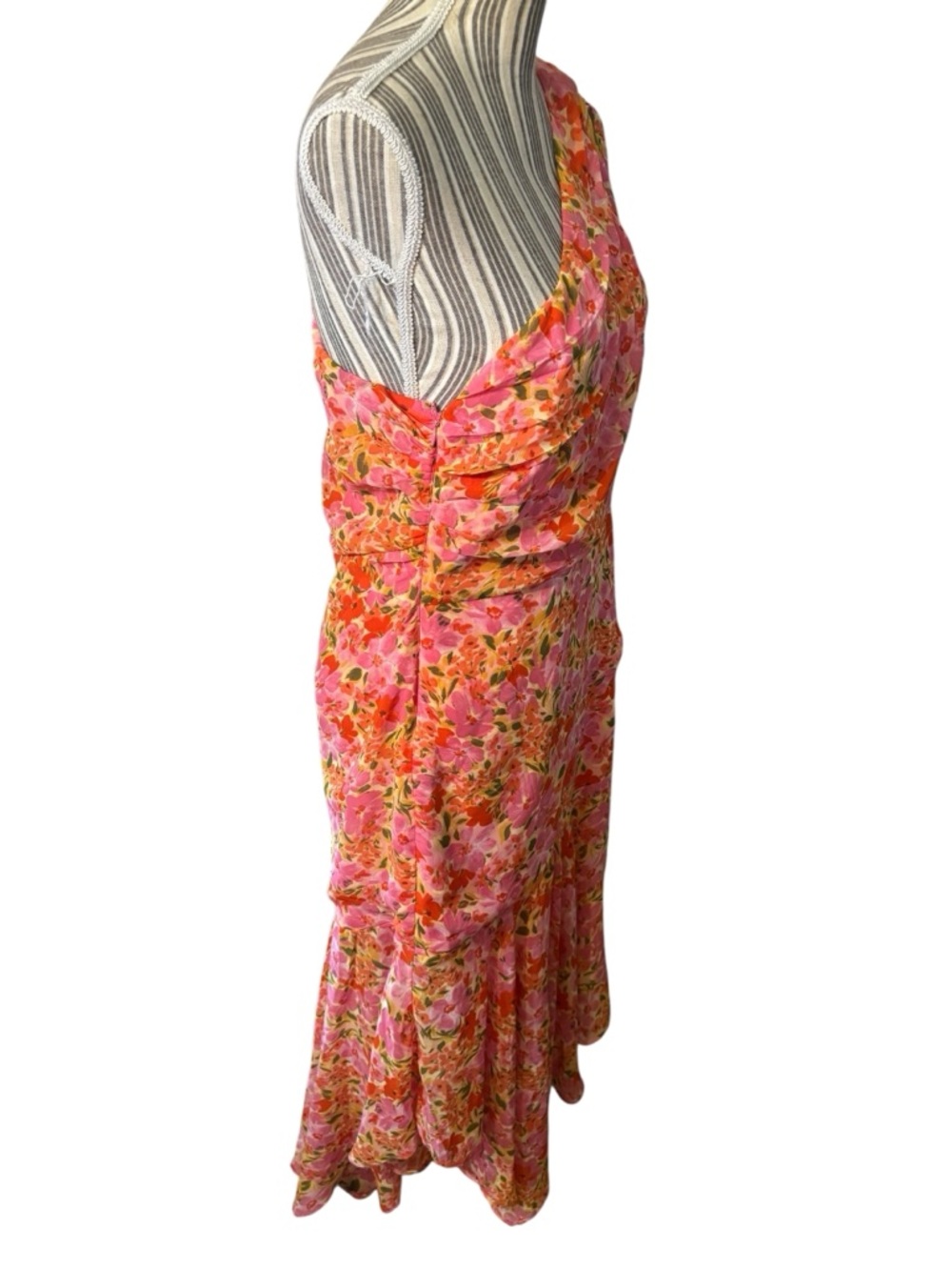 NEW ASTR Dress Large Santorini 1-Shoulder Floral Midi Chiffon Pink Orange Flowy - Picture 6 of 16
